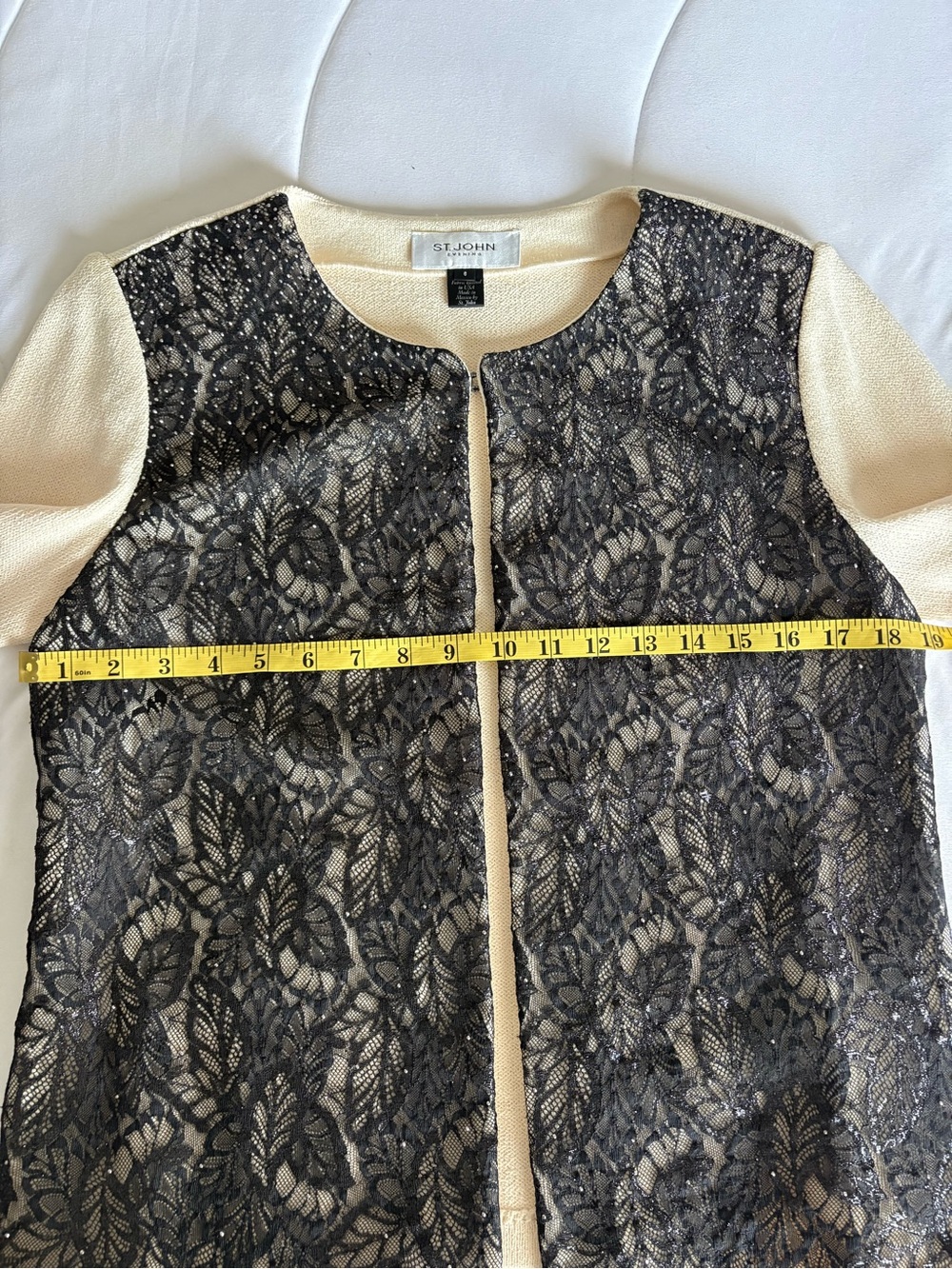 St. John Cream and Black Lace Front Knit Cardigan - Picture 5 of 11